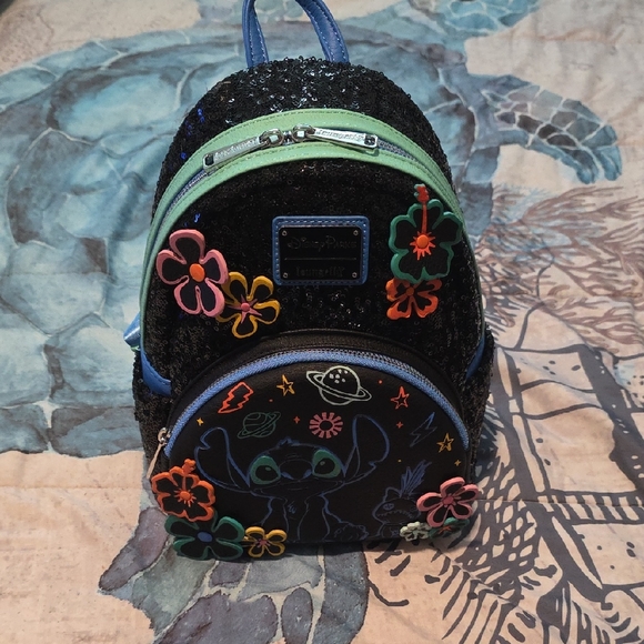 Loungefly Handbags - Loungefly Black Sequin Stitch Backpack with Colorful Floral Details
